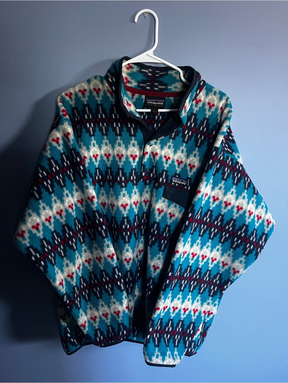 Patagonia Teal, Navy & White Patterned Fleece Jacket